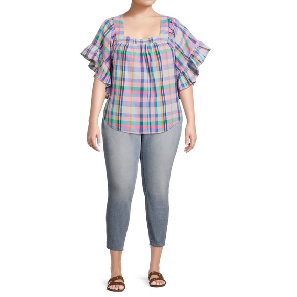 EUC Terra & Sky Women's Plus Size 2x Square Neck Peasant Top purple & pink plaid - Picture 4 of 5